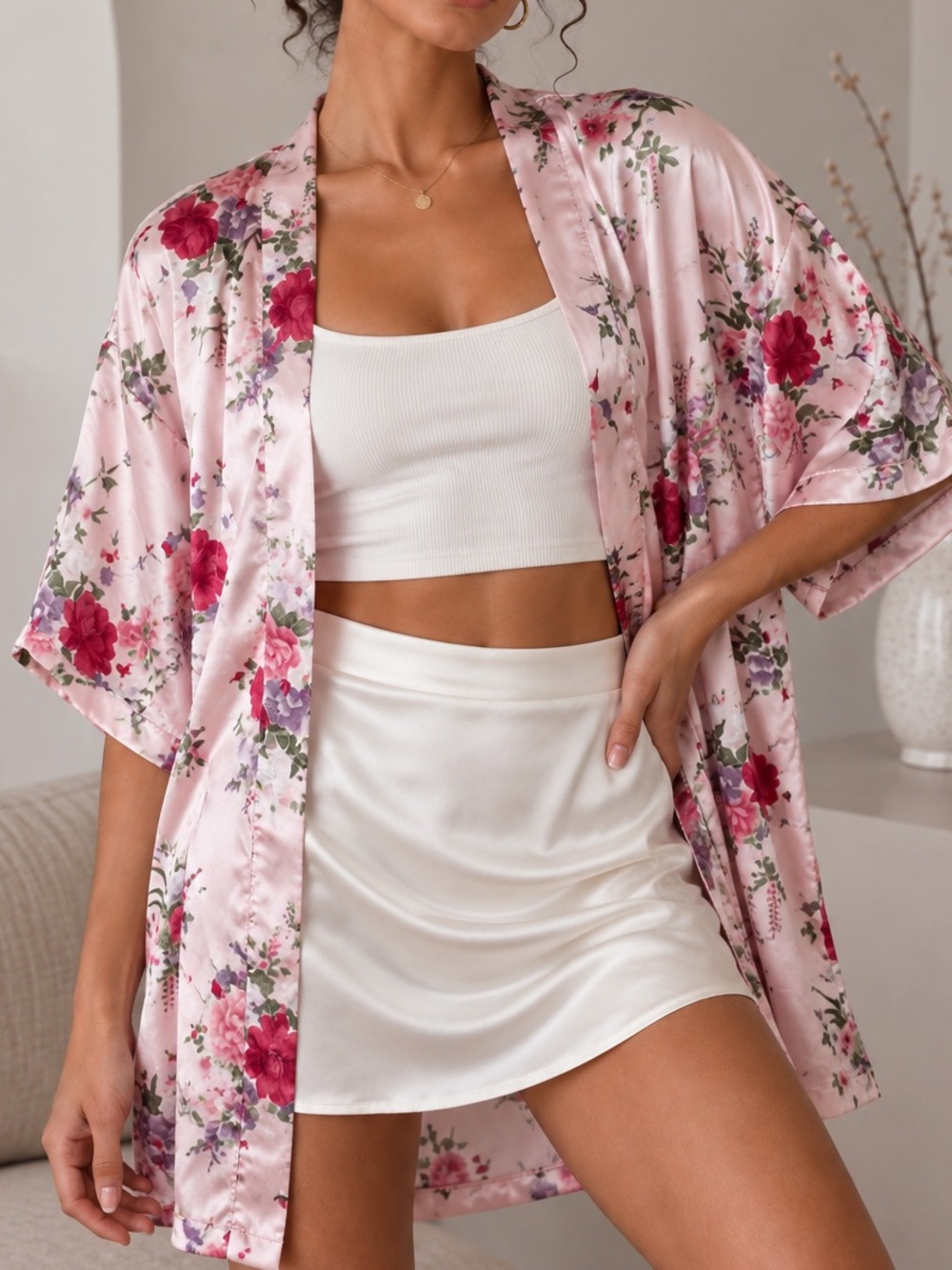 Pink Floral Satin Kimono Style Robe